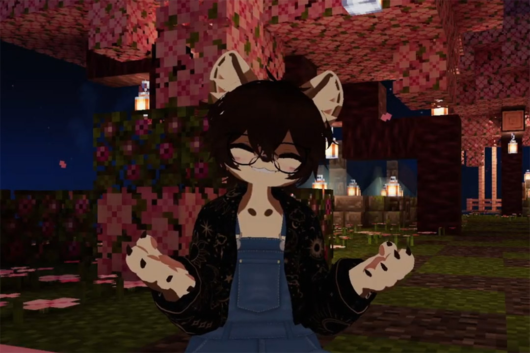Virtual avatar with animal ears and glasses smiles with arms outstretched in a colorful, lantern-lit digital environment.
